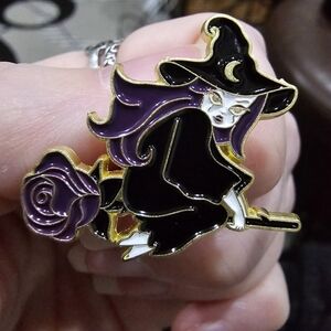 Metal Enamel Lapel Pin Witch Flying Purple Rose Besome Purple Black Gold